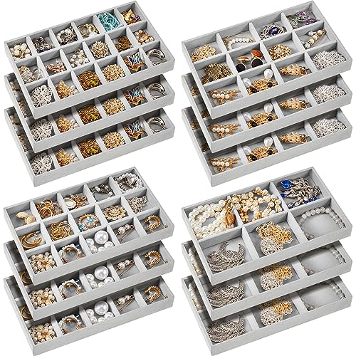 12 Pcs Jewelry Tray Velvet Stackable Jewelry Organizer Trays Divided Earring Accessories Storage Containers Box (Rose Red) - color: Gray