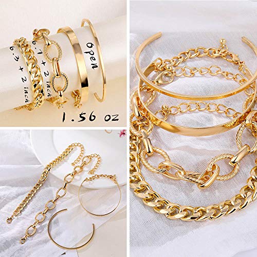 IFKM 6 PACK (24 PCS) Boho Gold Chain Bracelets Set for Women, 14K Gold Plated Multiple Layered Stackable Open Cuff Wrap Bangle Adjustable Link Italian Cuban Jewelry for Women Gift - style: 24 PCS Chains