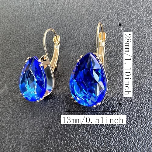 14K Gold Teardrop Crystal Leverback Earrings Sparkly Rhinestone Water Droplet Dangle Drop Earrings For Women - color: Royal Blue
