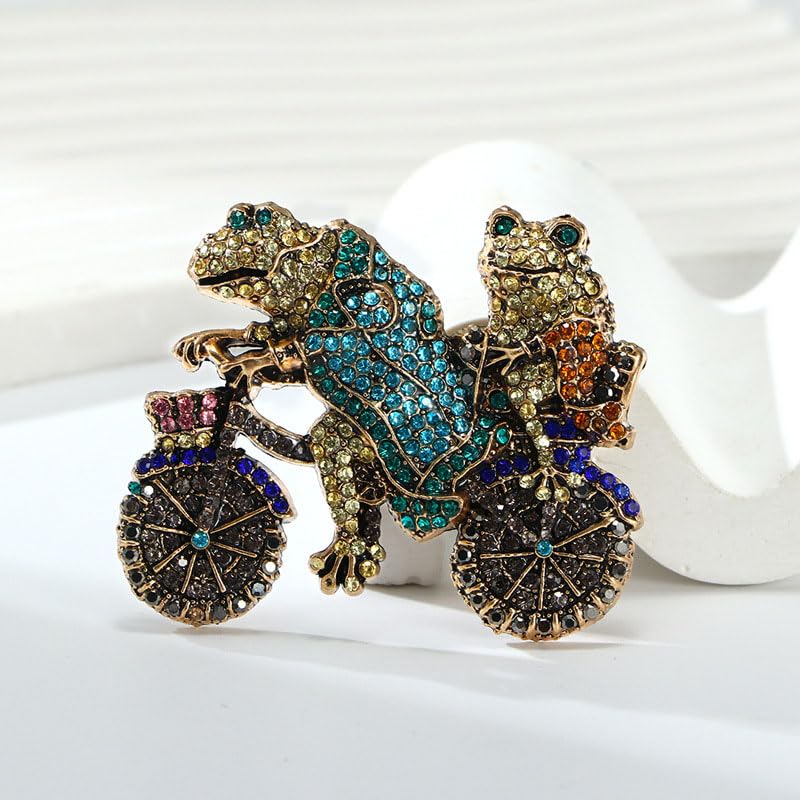 2Pcs Two Frogs Riding Bike Brooch Vintage-Inspired Sparkling Rhinestone Animal Brooch Pin Fashion Accessory