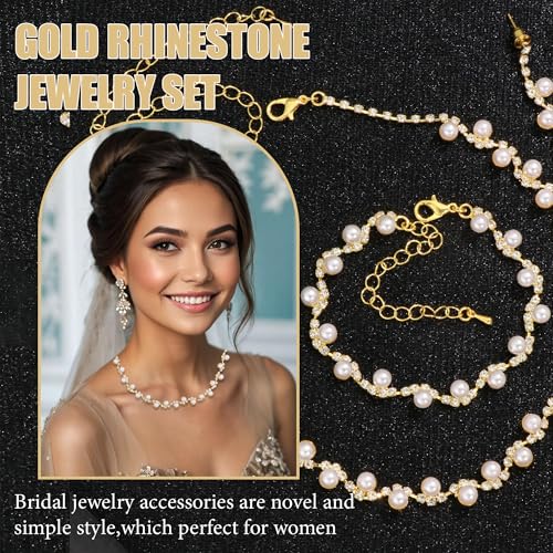 Rhinestone Jewelry Set Crystal Pearl Necklace Bracelet Earrings | Sparkly Necklace Dangle Earrings,Wedding Prom Formal Costume Jewelry Sets for Women - color: Gold2
