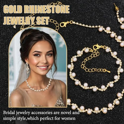 Rhinestone Jewelry Set Crystal Pearl Necklace Bracelet Earrings | Sparkly Necklace Dangle Earrings,Wedding Prom Formal Costume Jewelry Sets for Women - color: Gold2