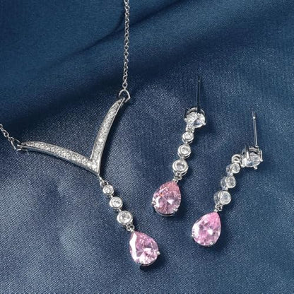 SHOP LC DELIVERING JOY Bridesmaid Pink Jewelry Set for Women Earrings Necklace Cubic Zirconia CZ Platinum Plated Wedding Women 18" Birthday Gifts