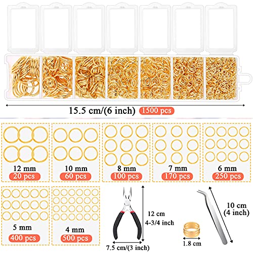 Paxcoo Gold Jump Rings for Jewelry Making - 1500Pcs Necklace Repair Kit With Supplies and Pliers for Bangle Charms, Earrings and Nail Piercing - color: Gold