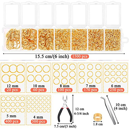 Paxcoo Gold Jump Rings for Jewelry Making - 1500Pcs Necklace Repair Kit With Supplies and Pliers for Bangle Charms, Earrings and Nail Piercing - color: Gold