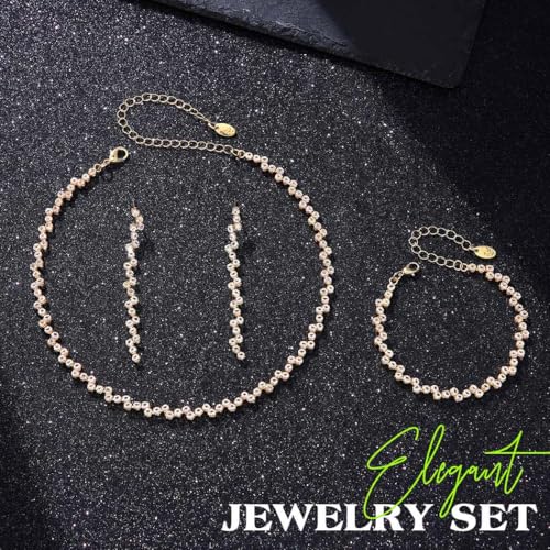 JEAIRTS Rhinestone Tennis Chain Choker Necklace Jewelry Sets for Women | 3Pcs Diamond Bridal Necklace Earrings and Bracelet for Wedding Prom - color: 2-Gold