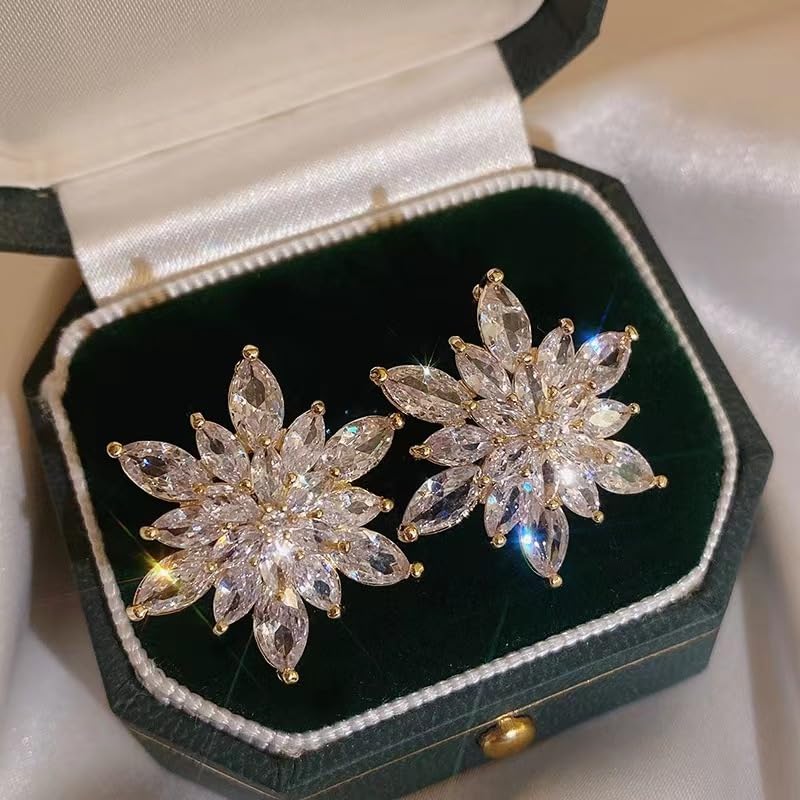 Crystal Flower Burst Stud Earrings Elegant Hypoallergenic Large Big Sparkly CZ Cubic Zirconia Rhinestone Earrings Bridal Wedding Party Prom Costume Jewelry for Women Birthstone Birthday Gift - color: White