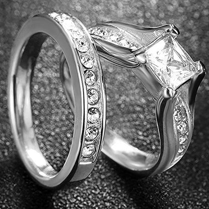 Jude Jewelers Stainless Steel Princess Cut Wedding Engagement Ring Set Anniversary Propose Eternity Bridal Halo