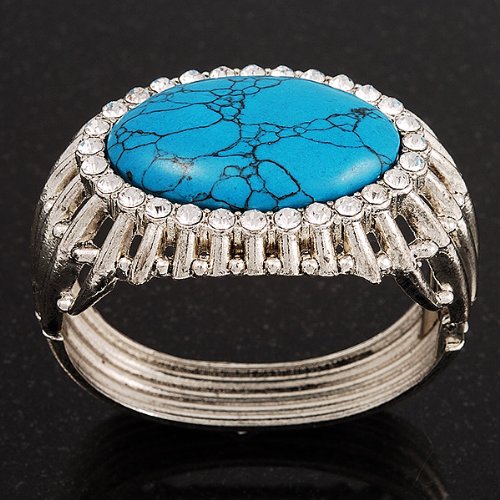 Avalaya Vintage Oval Shape Turquoise Stone, Crystal Hinged Bangle Bracelet
