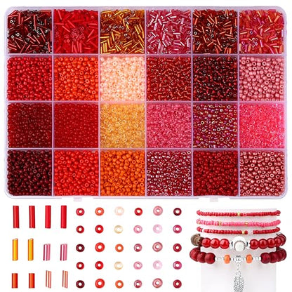 LAIDANLA 7500pcs Mix Red Glass Seed Beads Kit for Jewelry Making with 3mm Tiny Bead and 4mm/6mm Bugle Tube Bead 24 Colors Waist Embroidery Beads for Bracelets Necklaces DIY Craft Beading Kit - color: Red