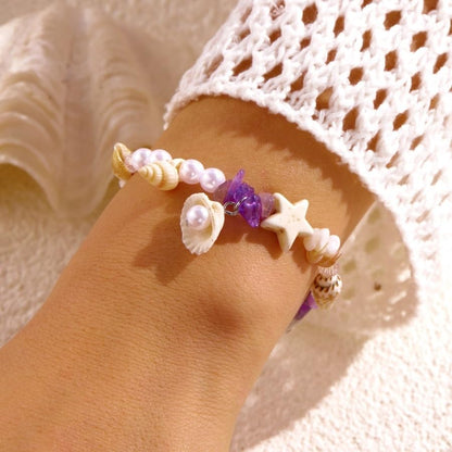 Handmade Natural Shell Starfish Beads Bracelets with a Wish Card Bohemia Sweet Seashell Conch Pearl Charm Bracelets for Women Boho Sea Themed Summer Beach Surfer Vacation Jewelry Gifts - style: StyleF