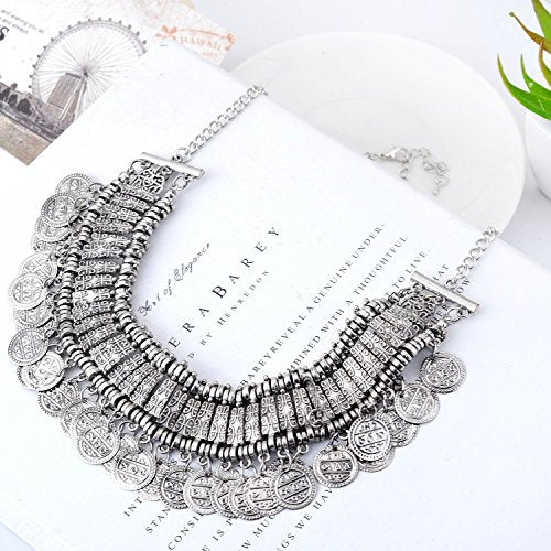 LUREME Vintage Engraved Coin Bib Statement Necklace Clavicle Necklace (01003295) - style: Antique Silver
