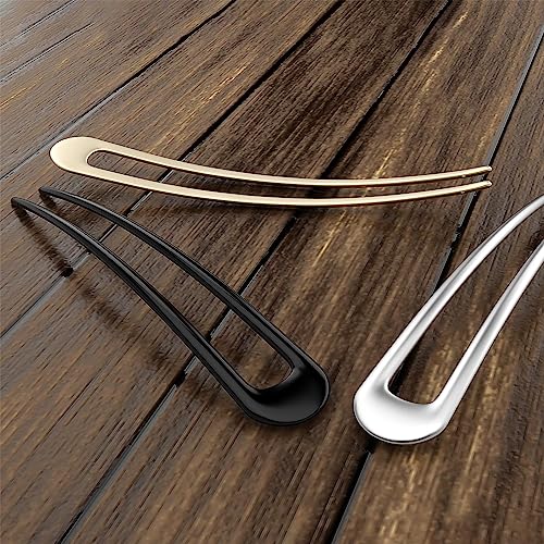 HYFEEL French Hair Pins Metal Hair Forks U Shaped Long Chignon 2 Prong Sticks for Women Hair Accessories (Black, Gold, Silver) 3Pcs - color: Black, Gold, Silver - 3 Pieces