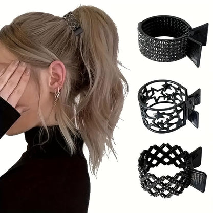 3-Piece Black Hollow Design Hair Tie Set - Star Cutout, Lattice & Rhinestone Styles, Perfect for Ponytails & Party Hairstyles