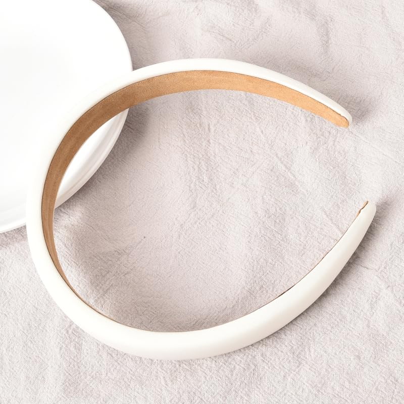 White Padded Wide Thick Solid Sponge Headbands - Simple No Slip Trendy Satin Hair Bands for Women and Girls, No Teeth Hair Accessories - color: White