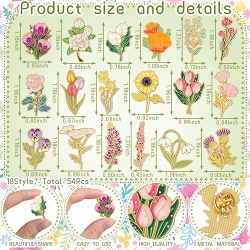 Tondiamo 24/54 Pcs Flower Alloy Enamel Pins Floral Brooch Lapel Pin for Spring Birthday Party Favor Women Jewelry Gift - style: Wildflower