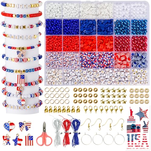 Goldwise 2958 Pcs 4th of July Red White and Blue Beads Bracelet Making Kit with Clay Beads Glass Seed Beads Tattoo Stickers, Patriotic Beads for Jewelry Making with Letter Beads and Charms - size: 4th of July