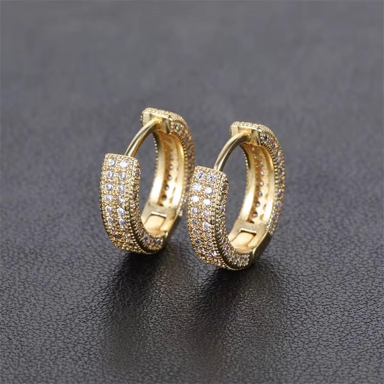 Iced Out Huggie Hoop Earrings for Men and Women, CZ Diamond Earrings, Stainless Steel Hypoallergenic Hinged Hoop Earrings - color: Gold