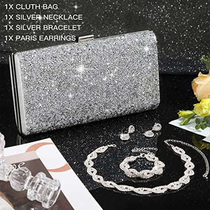 Mixweer 4 Pieces Clutch Purses Bag for Women Evening Rhinestone Jewelry Set Bling Necklace Earrings Bracelets Set for Wedding - style: Vintage Style