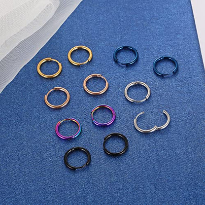 316L Surgical Stainless Steel Small Hoop Earrings 8mm 10mm 12mm 14mm Hypoallergenic Huggie Hoop Earrings Helix Lobes Hinged Sleeper Earrings Cartilage Piercings - color: C: Diameter 12mm (6 Color),6 Pairs