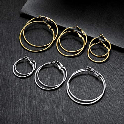 5/12 Pairs Gold Silver Plated Hoop Earrings for Women, Hypoallergenic Stainless Steel Hoops Earrings Set, Lightweight Large Small Hoops Women Earrings Loop Earrings Set - color: 6 Pairs Stainless Steel gold silver Plated Hoop Earrings