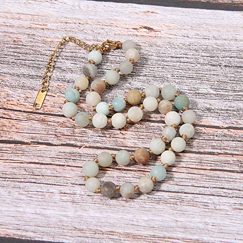 Semi Precious Stone Beaded Choker Necklace 14K Gold Plated Natural Stone Double Strand Necklace Layered Short Necklaces - color: Amazonite