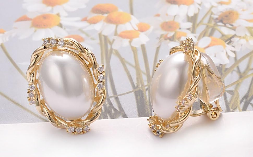 Yoursfs Faux Pearl Clip On Earrings For Women 18K Gold Plated Button Ear Clips - style: Large White Pearl Clip on Earrings