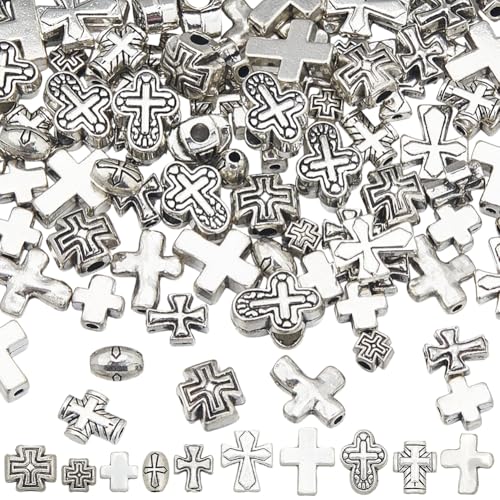 SUNNYCLUE 1 Box 100Pcs Metal Cross Beads Small Crucifix Beads Alloy Easter Gothic Antique Silver Tibetan Style Large Hole Loose Smooth Spacers for Jewelry Making Bracelets Necklace Crafts Accessories