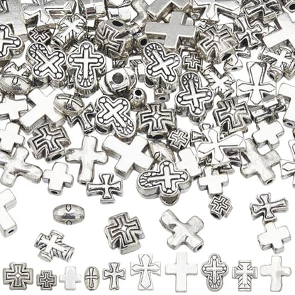 SUNNYCLUE 1 Box 100Pcs Metal Cross Beads Small Crucifix Beads Alloy Easter Gothic Antique Silver Tibetan Style Large Hole Loose Smooth Spacers for Jewelry Making Bracelets Necklace Crafts Accessories