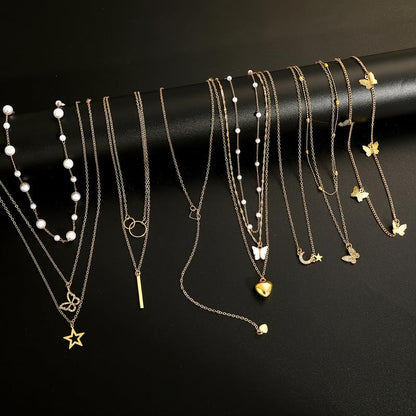 11 Pcs Gold Tone Layered Necklace Set, Dainty Pearl Chain, CZ Butterfly, Heart, Moon Star & Vertical Bar Pendant, Minimalist Trendy Jewelry for Women (Gold)