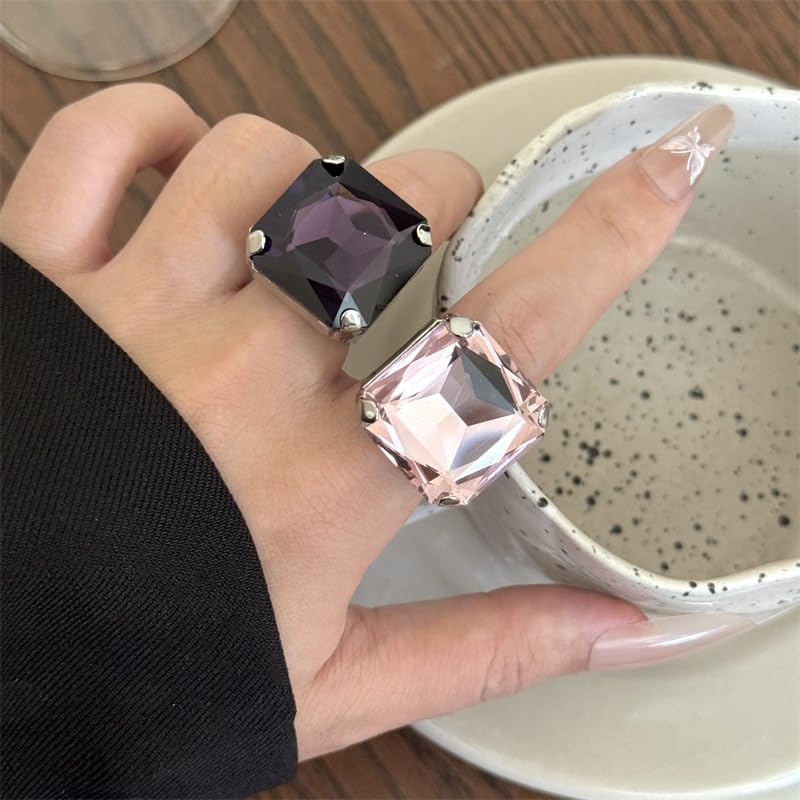 Square Large Rhinestone Exaggerated Statement Ring for Women Sparkling Thick Chunky Geometric Big Crystal Stone Finger Knuckle Band Rings Open Adjustable Wedding Brides Cocktail Prom Party Jewelry - color: Pink
