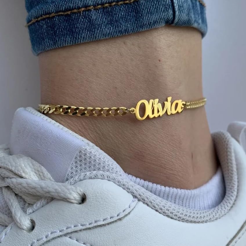 Custom Ankle for Women for Women 18K Gold Plated Adjustable Name Anklet Customized Beach Anklet Gifts - color: Name Anklet with Cuban Chain