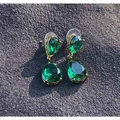 Teardrop Crystal Drop Earrings for Women, 14K Gold Plated Large Double Teardrop Dangle Earrings,Rhinestone Earrings for Wedding Prom Bridesmaid Party,Emerald/Red/Blue/Black/Pink/White Statement Earrings - color: Jade Green