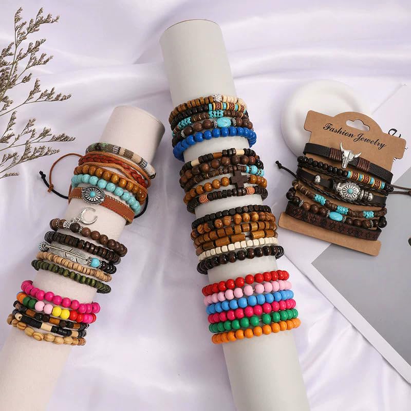 Boho Wood Beaded Bracelet Set for Men Women, Multilayer Stackable Vintage Tribal Wooden Stretch Bracelets, Natural Wood Bead Jewelry for Casual Party Gifts