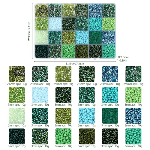 LAIDANLA 7500pcs Mix Green Glass Seed Beads Kit for Jewelry Making with 3mm Tiny Bead and 4mm/6mm Bugle Tube Bead 24 Colors Waist Embroidery Beads for Bracelets Necklaces DIY Craft Beaded Plant Kit - color: Green