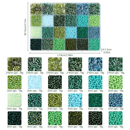 LAIDANLA 7500pcs Mix Green Glass Seed Beads Kit for Jewelry Making with 3mm Tiny Bead and 4mm/6mm Bugle Tube Bead 24 Colors Waist Embroidery Beads for Bracelets Necklaces DIY Craft Beaded Plant Kit - color: Green