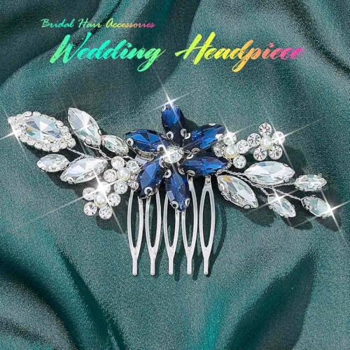 Silver Crystal Hair Comb Rhinestone Bridal Wedding Hair Pieces Flower Hair Accessories for Women and Brides (Blue)