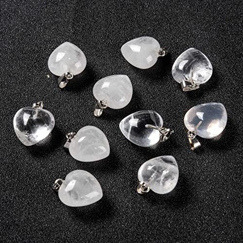 10Pcs Heart Stone Charm Pendants Natural Quartz Crystal Gemstone Pendants with Platinum Brass Loops for DIY Necklace Keychains Earring Crafts Supplies - color: Quartz Crystal