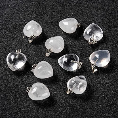10Pcs Heart Stone Charm Pendants Natural Quartz Crystal Gemstone Pendants with Platinum Brass Loops for DIY Necklace Keychains Earring Crafts Supplies - color: Quartz Crystal