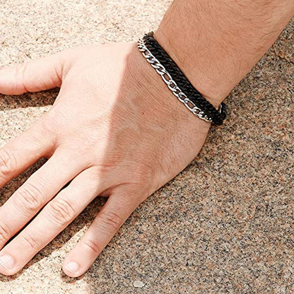 EVE'S ADDICTION Men's Stainless Steel Figaro Chain Bracelet - Gifts for Him