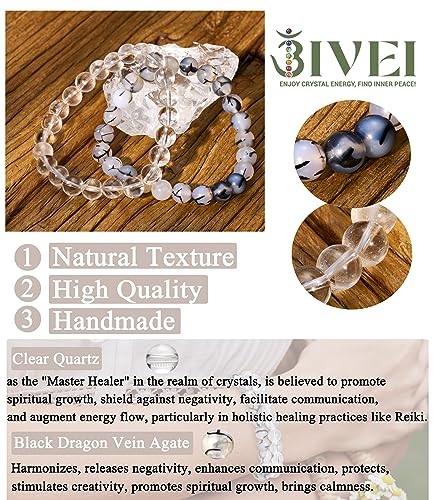 Bivei Natural Crystals Gemstone Healing Stretchy Round Beaded Bracelet | 8MM Semi Precious Beads Bracelet, Handmade Spiritual Jewelry Gift for Women Men,Enhance Positive Energy - color: 8mm Clear Quartz & Dragon Vein Agate (Master Healer), size: Medium: 6