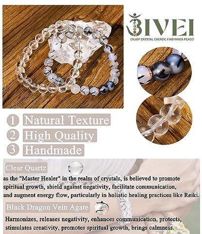Bivei Natural Crystals Gemstone Healing Stretchy Round Beaded Bracelet | 8MM Semi Precious Beads Bracelet, Handmade Spiritual Jewelry Gift for Women Men,Enhance Positive Energy - color: 8mm Clear Quartz & Dragon Vein Agate (Master Healer), size: Medium: 6