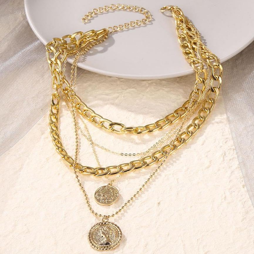 Gold Layered Necklaces for Women Trendy Retro Coin Pendant Choker Necklace