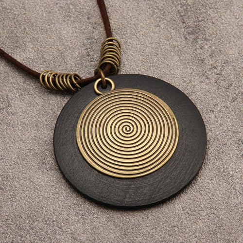 GelConnie Leather Necklace for Women Round Wooden Pendant Long Leather Choker Vintage Sweater Necklace Gold Chunky Boho Necklaces for Women - style: Black Wooden Necklae