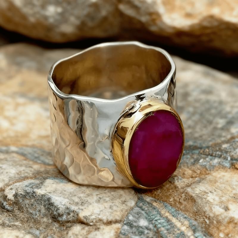 Fashion Oval Pink Synthetic Gemstone Two Tone Wide Ring for Women Party Festival Punk Personality Jewelry - color: silver & gold