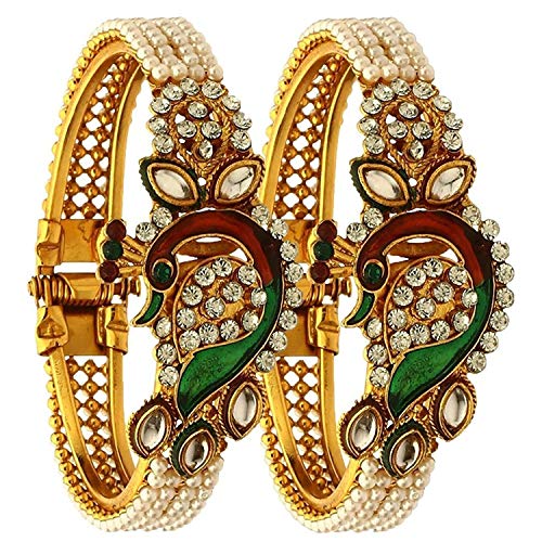 Efulgenz Indian Faux Pearl Peacock Hinge Openable Cuff Bracelet Bangle