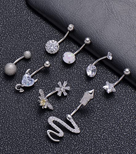 6-8-12PCS 14G 6-10mm Short Bar Tiny Heart Butterfly Evil Eye Devil Heart Snake Skull CZ Skull hand with Gem ball Stainless Steel Belly Button Rings Navel Rings for Women Barbell Eyebrow Body Piercing Jewelry - color: G:8Pcs(Snake)