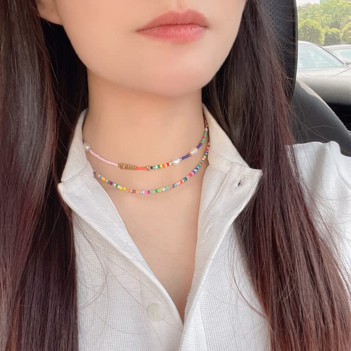 Wellike Freshwater Pearl Beaded Necklace for Women Handmade Boho Colorful Glass Beads Choker Necklace Stainless Steel 18K Gold Plated Bohemian Women Summer Jewelry Gifts - color: Beaded Necklace a