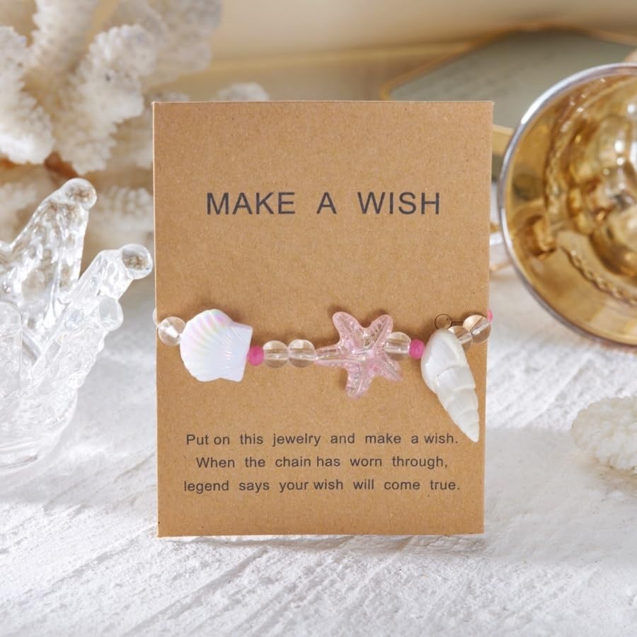 Handmade Natural Shell Starfish Beads Bracelets with a Wish Card Bohemia Sweet Seashell Conch Pearl Charm Bracelets for Women Boho Sea Themed Summer Beach Surfer Vacation Jewelry Gifts - style: StyleC
