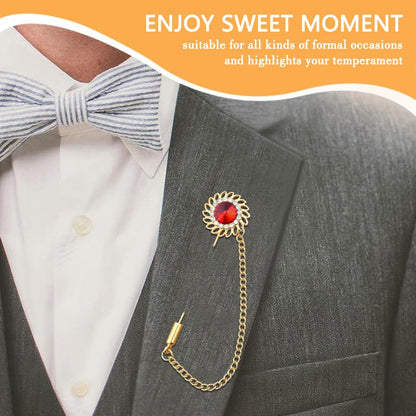 Mens Sunflower Lapel Pin Crystal Rhinestone Brooches for Men Hanging Chain Brooch Suit Pin Flower Lapel Pins for Men Wedding Business Party - color: Red